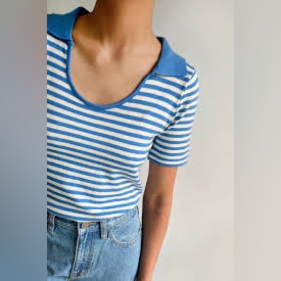 Oak + Fort Knit Blue White Striped Cropped Collared Short Sleeve Tee Size Small - Picture 1 of 14